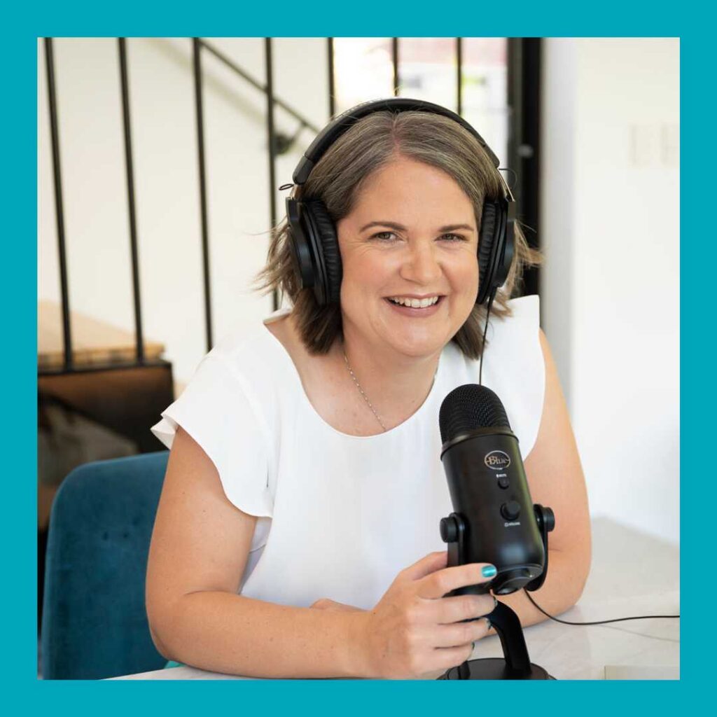 Laura McRae Podcast Strategist talking on a microphone