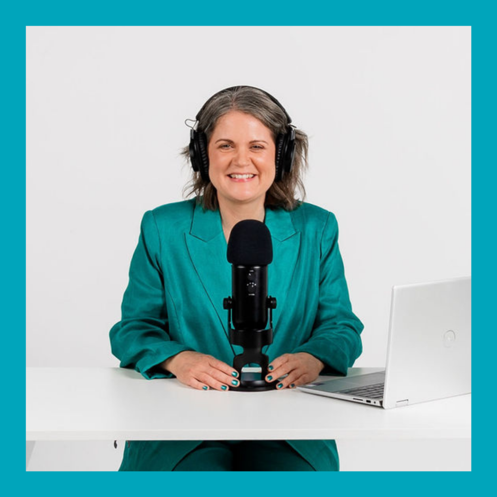 Laura McRae recording a podcast